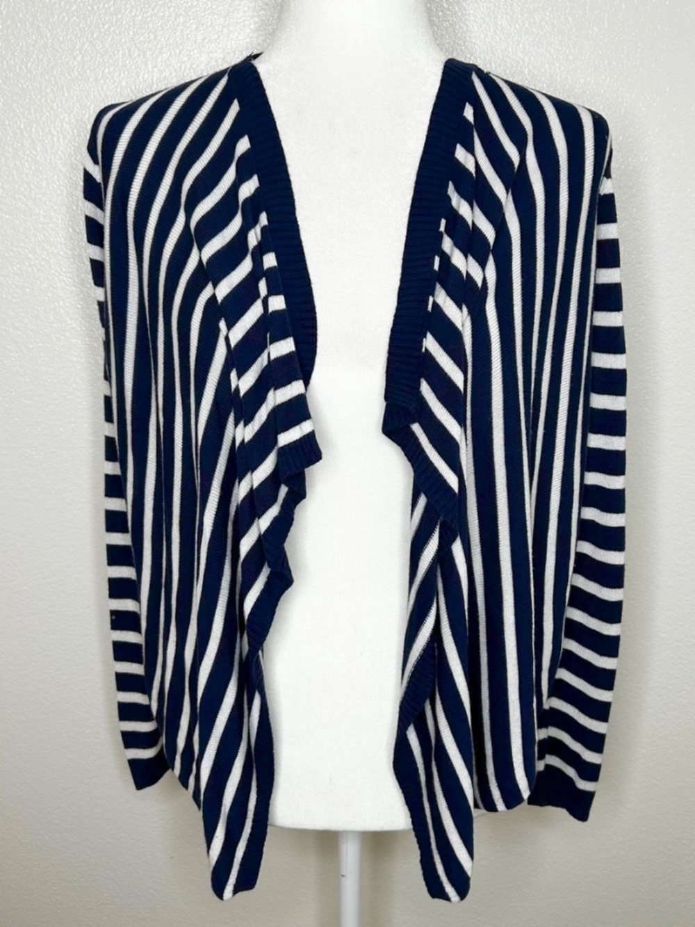DKNY Womens Navy & White Striped Waterfall Open Front Cardigan Size L